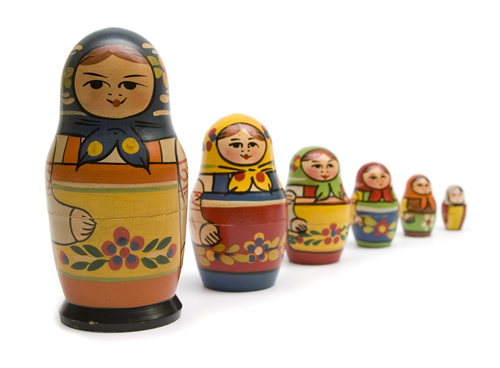 Russian nesting Matryoshka dolls illustrate the nesting of stories within stories